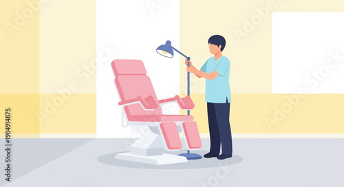 Dentist Adjusting Dental Chair and Lamp in Modern Clinic Room