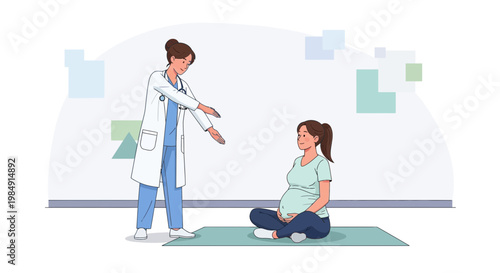 Doctor assisting pregnant woman with prenatal yoga pose on mat, healthcare concept