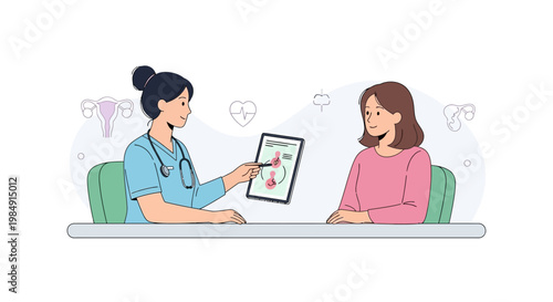 Doctor consulting patient about reproductive health, showing anatomical chart