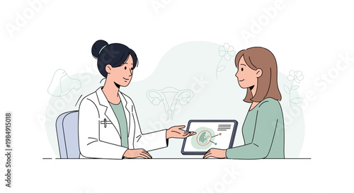 Doctor consulting patient about reproductive health, showing diagram on tablet