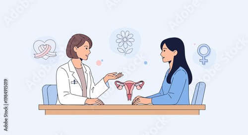 Doctor consulting patient about reproductive health, uterus illustration on desk