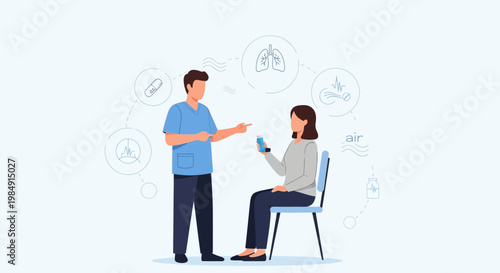 Doctor consulting patient about respiratory health with medical icons
