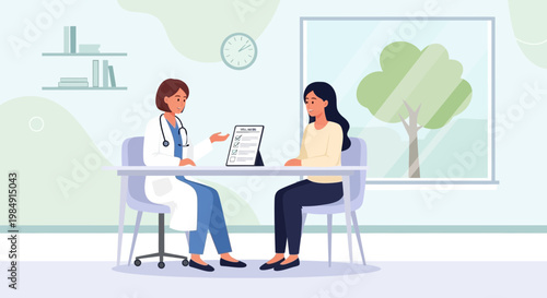 Doctor consulting patient in clinic, discussing health report, medical examination, healthcare concept