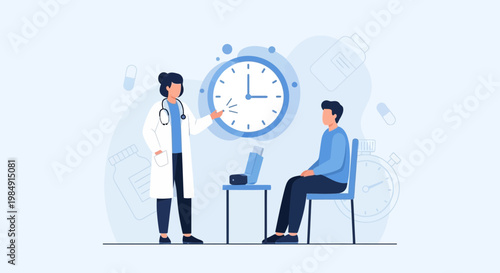 Doctor consulting patient near large clock, healthcare appointment, time management concept