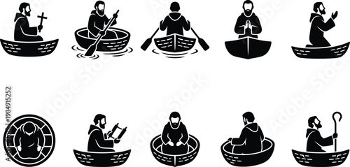 Mönch in einem Boot in verschiedenen Posen, betend, rudernd und lesend, eine spirituelle Reise darstellend.