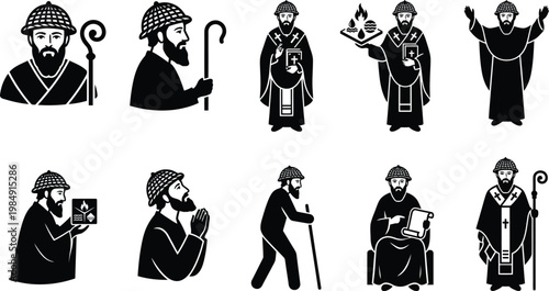 Schwarz-weiße Vektorillustrationen eines bärtigen Mannes in verschiedenen Posen, der religiöse Symbole wie einen Hirtenstab und ein Buch hält, dargestellt als Mönch oder Heiliger.