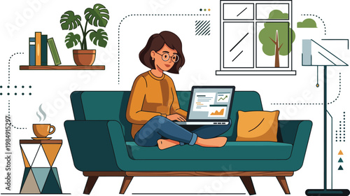 Woman working on laptop on sofa with coffee and plant, home office illustration