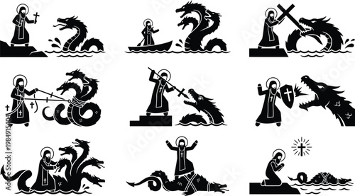 Neun Silhouetten von Heiligen im Kampf gegen mehrköpfige Drachen und Schlangen in verschiedenen Szenen.