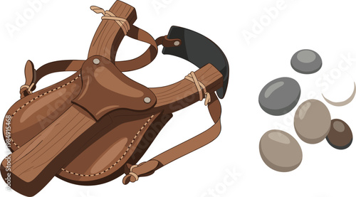 Traditional wooden slingshot with leather grip and stone ammunition set isolated on white background for outdoor adventure