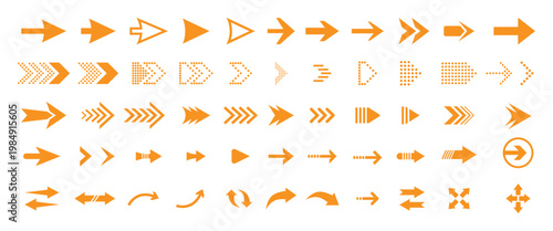 Fotografía Assortment of Orange Arrows in Various Styles and Directions isolated on transpa