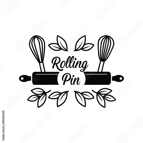Creative baking logo design featuring a rolling pin whisk and leaves symbolizing a culinary business