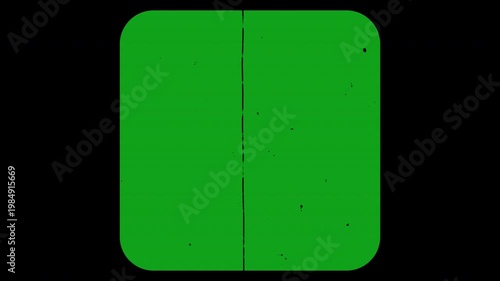 A nostalgic vintage film overlay features a vivid green chroma key center with rounded corners against a solid black background, showcasing dynamic analog imperfections like dust, dirt, and scratches