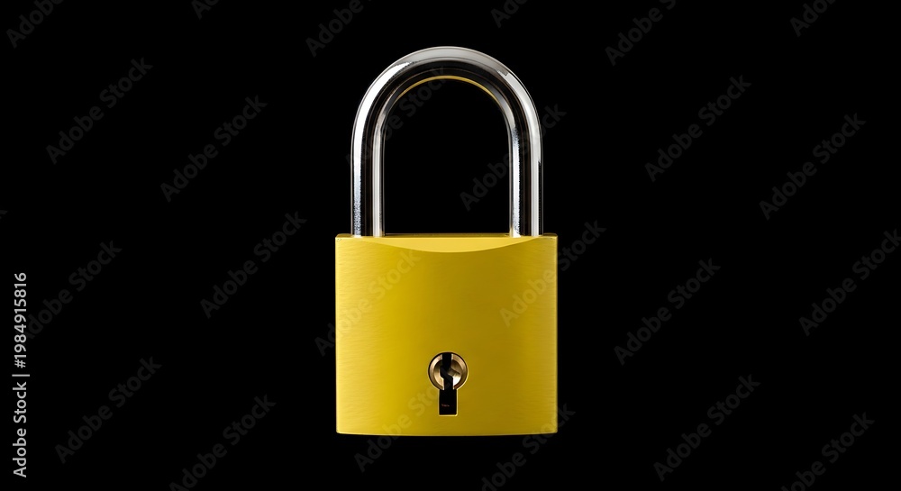 Naklejka premium A bright yellow padlock on a solid black background, showcasing its shape and keyhole