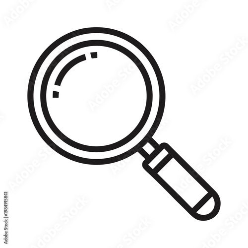 Simple black and white line art icon representing a magnifying glass for searching and inspection purposes
