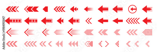 Red arrows collection pointing left various styles isolated on transparent background