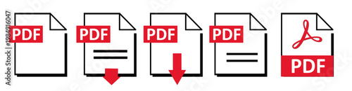 PDF file format icons set. PDF file download symbols. Format for texts, images, vector images, videos, interactive forms symbol graphic