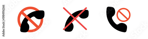 Set of phone receiver icons with prohibition signs. Flat vector illustration representing blocked calls, no communication, and disabled phone connection.