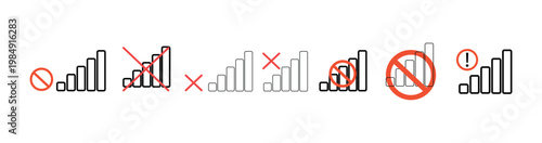 Set of signal strength icons with prohibition and warning signs. Flat vector illustration showing weak signal, no network coverage, connection problems, and mobile communication issues.