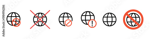 Set of no connection icons including WiFi signal, phone, and globe symbols with prohibition signs.  
