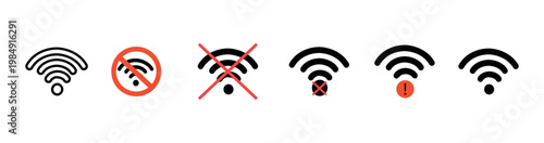 Set of WiFi signal icons with prohibition and warning signs. Flat vector illustration showing no internet connection, signal loss, and network issues.