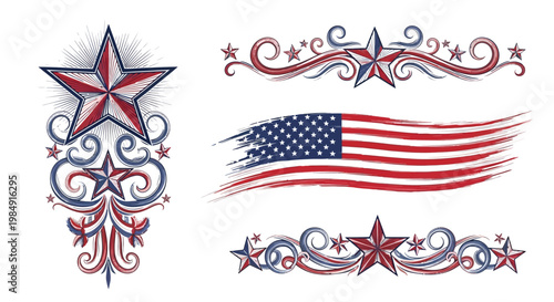 Vintage patriotic tattoo flash art american flag eagle and star design elements