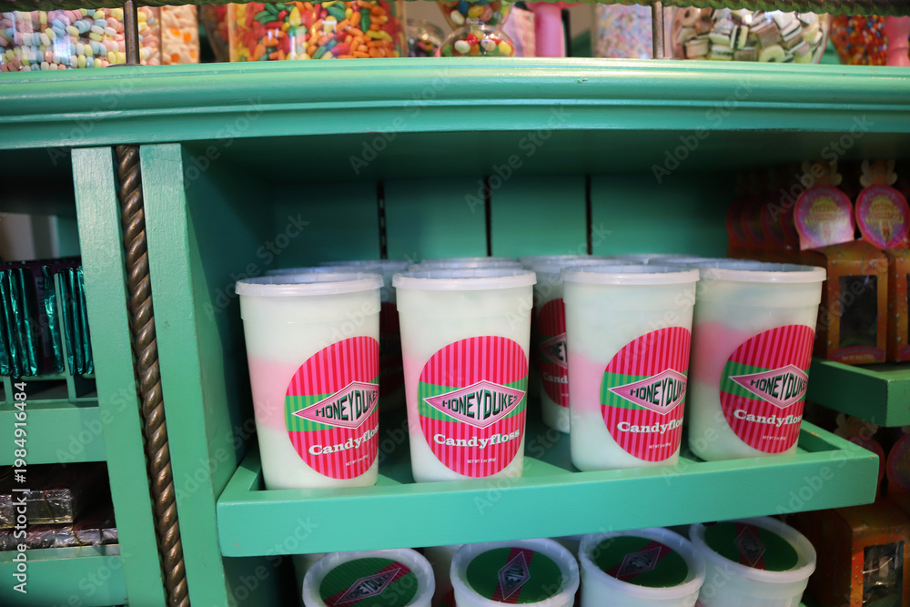 Fototapeta premium Honeydukes Candyfloss containers at a store