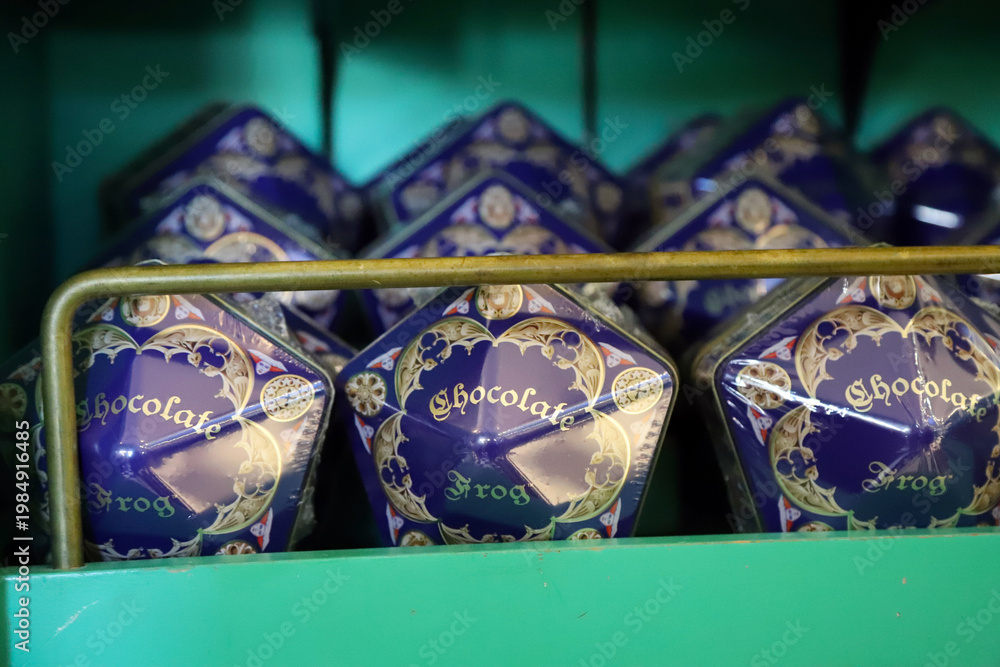 Fototapeta premium Chocolate frog boxes in a themed shop