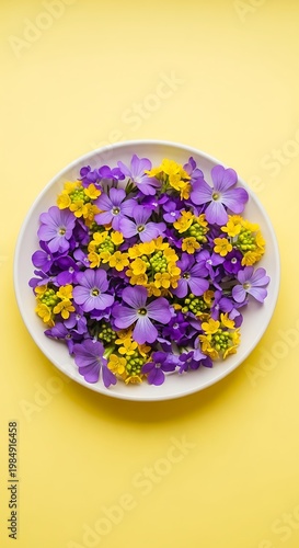 A vibrant white bowl overflows with a cheerful mix of purple and yellow blossoms on a bright yellow background
