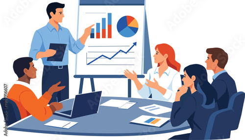 Business meeting with presentation and analytics, diverse team discussing data