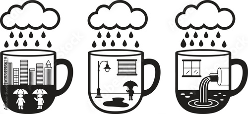 Three unique scenes show rain falling into different urban environments.