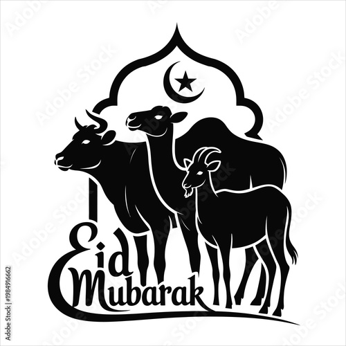 Eid mubarak greeting with cow, sheep, and goat silhouettes