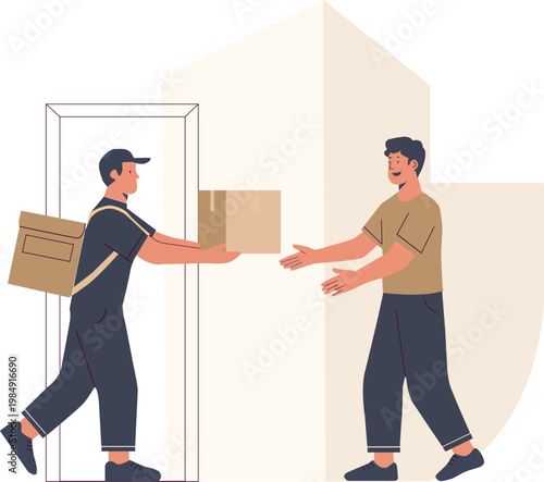 Delivery person handing package to happy recipient at doorway, vector illustration