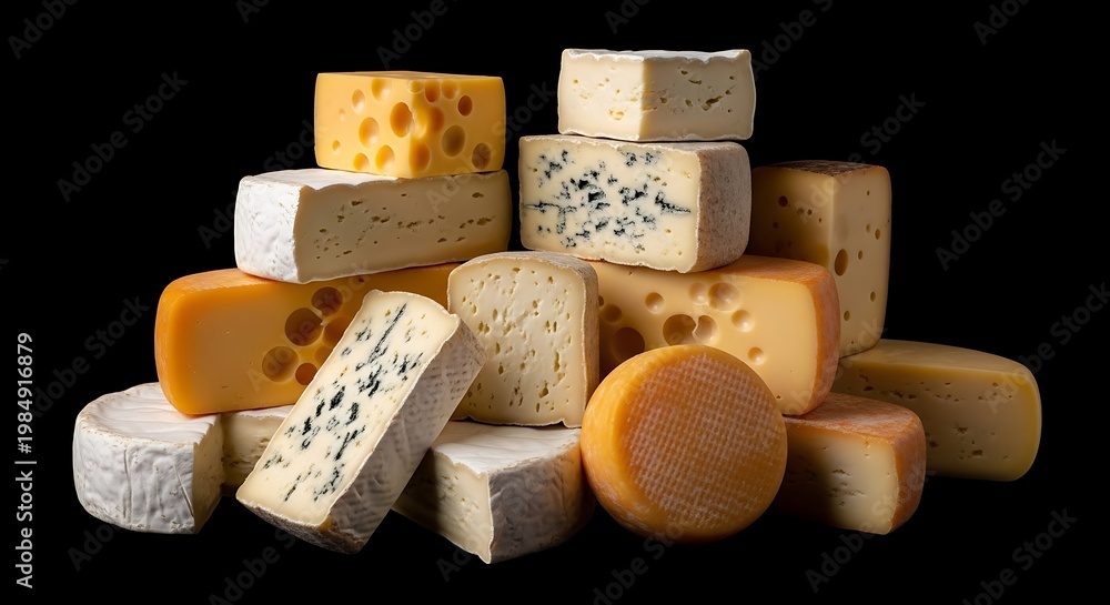 Fototapeta premium A colorful arrangement of various cheese blocks, types, and textures against a black background