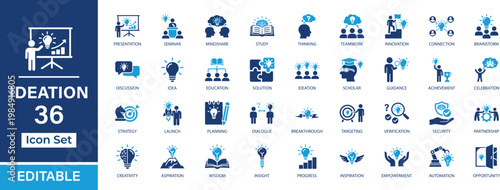 Ideation 36 solid icon set. Brainstorm, creativity, thinking, and success vector icons. Web, editable, scalable, isolated on transparent background.