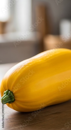 A vibrant yellow squash rests on a wooden surface, kitchen background blurred