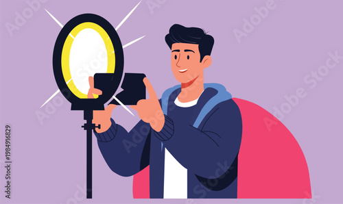 Man holding smartphone to take selfie with ring light for content creator and digital