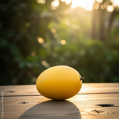 A vibrant yellow fruit rests on a wooden surface in soft, dappled sunlight