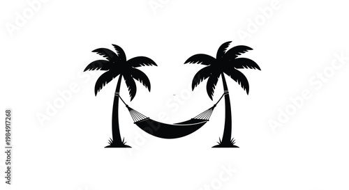 Black and white illustration of palm trees and a hanging hammock