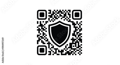 Black qr codes and shield icon on a white background