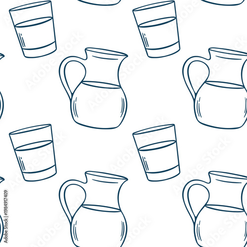 Mediterranean blue line doodle pattern  of classic milk jugs and glass. Minimalist repeat for wallpaper, ceramic design or cafe branding