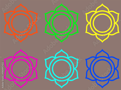 colorful chakra symbols set collection - outline vector graphics of energy icons in rainbow colors on brown background for yoga and meditation design
