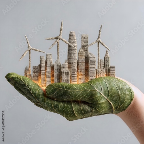 leaf hand holding eco city with wind turbines and solar panels. green energy 