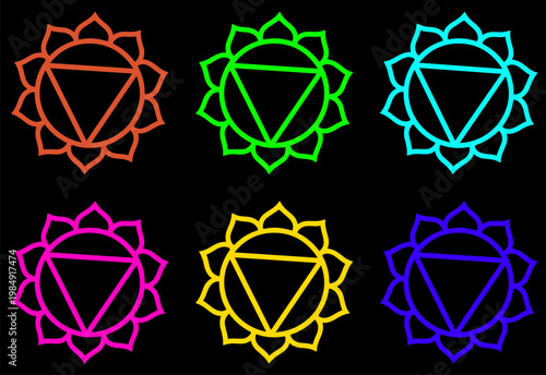 colorful sacral chakra symbols set - neon outline vector graphics of svadhisthana energy icons in rainbow colors on black background for yoga and meditation design
