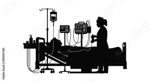 Silhouette of a nurse attending to a patient in a hospital bed