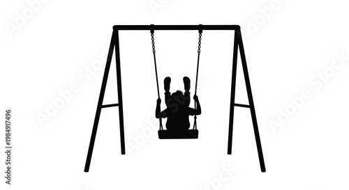 Silhouette of a child swinging on a swing set against a white background