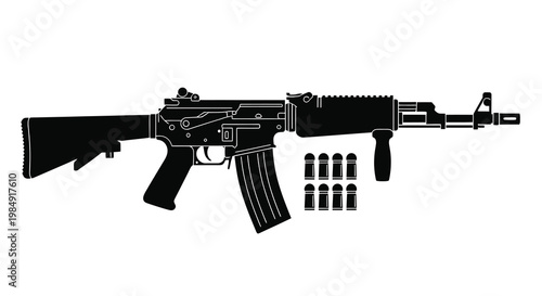 Silhouette of an assault rifle with ammunition displayed below it