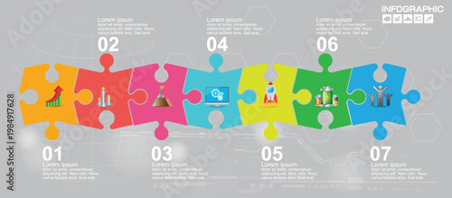 A colorful infographic template with seven puzzle pieces and various icons