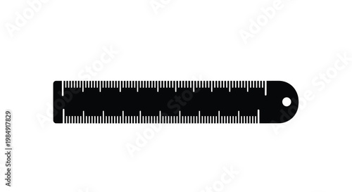 A simple black ruler with markings and a hole isolated on white