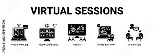 Virtual Sessions web banner icon concept, with Virtual Meeting, Video Conference, Webinar, Online.