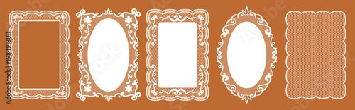 Vintage lace frame collection in grandma core. Whimsical lace doilies in crochet style with floral decorative borders. Botanical silhouettes, squiggle shapes for wedding invitations, greeting cards